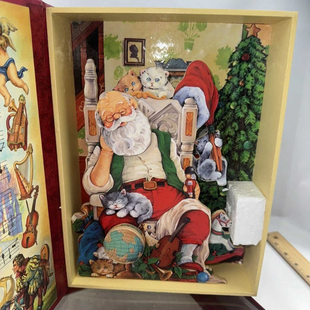 Vintage World Bazaar Wood Santa Christmas Wind Up Jingle Bells Music Book WORKS